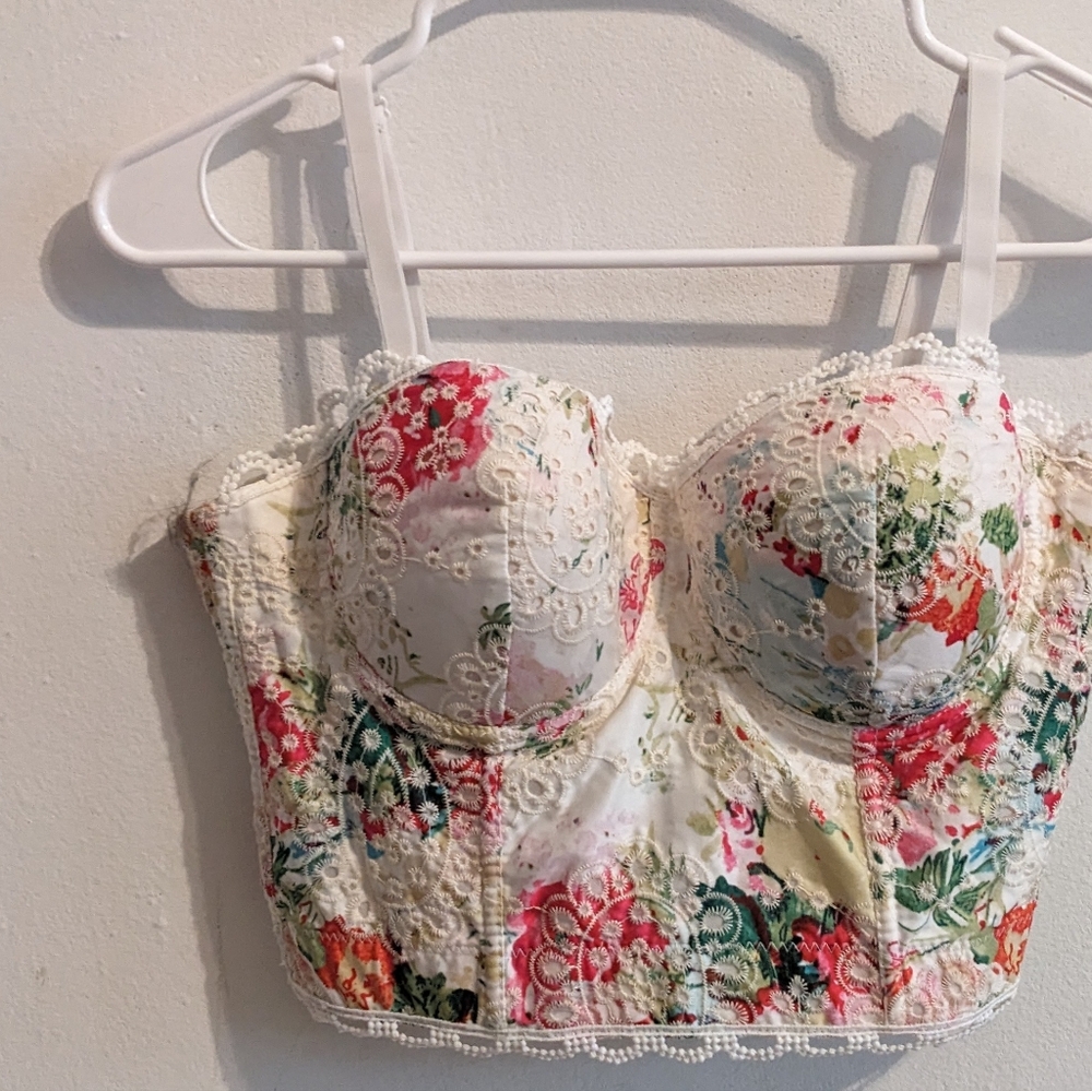 Cottage Fairy Coquette Whimsical Floral Eyelet Lace Bustier Corset Cami Top